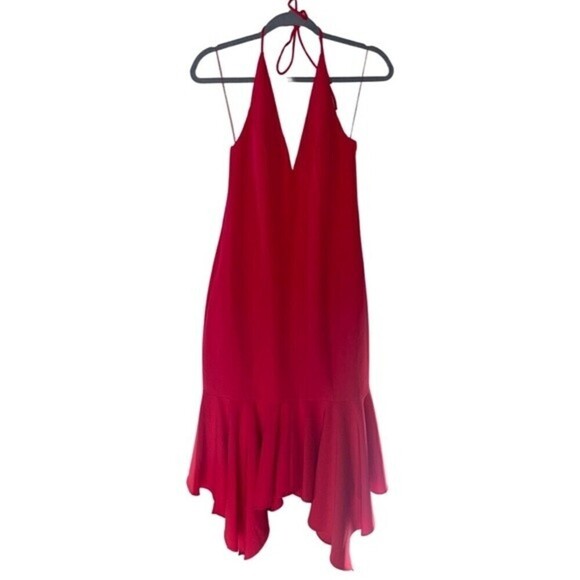 aidan mattox plundging halter crepe hot pink asymmetrical peplum midi dress 6 - Picture 3 of 9